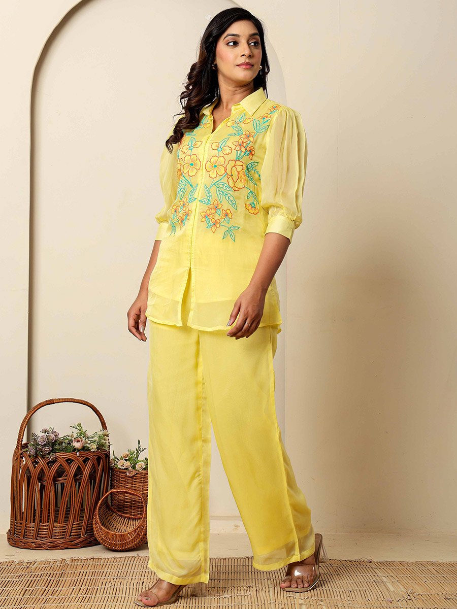 Women Yellow Embroidered Organza Top and Pants Co-Ords