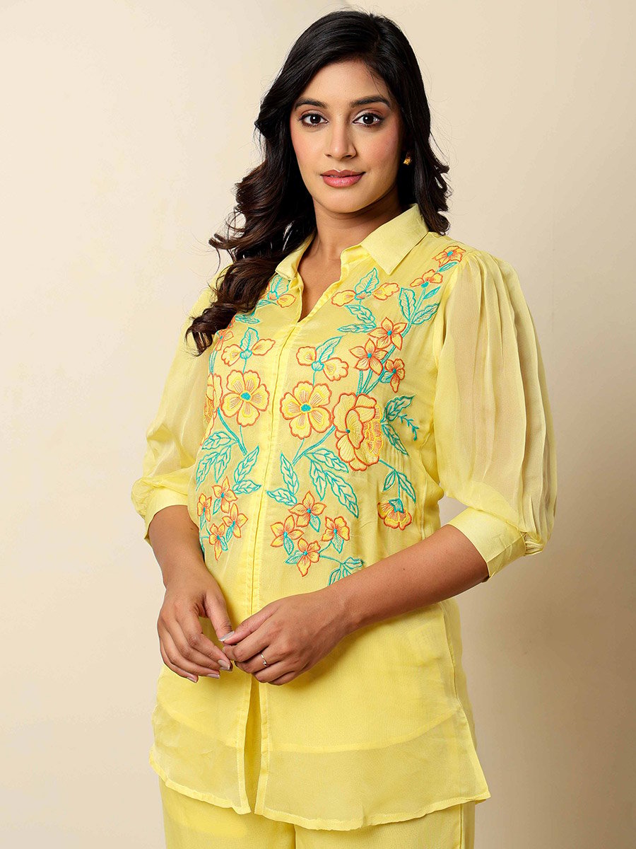Women Yellow Embroidered Organza Top and Pants Co-Ords