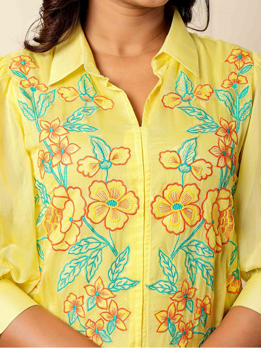 Women Yellow Embroidered Organza Top and Pants Co-Ords