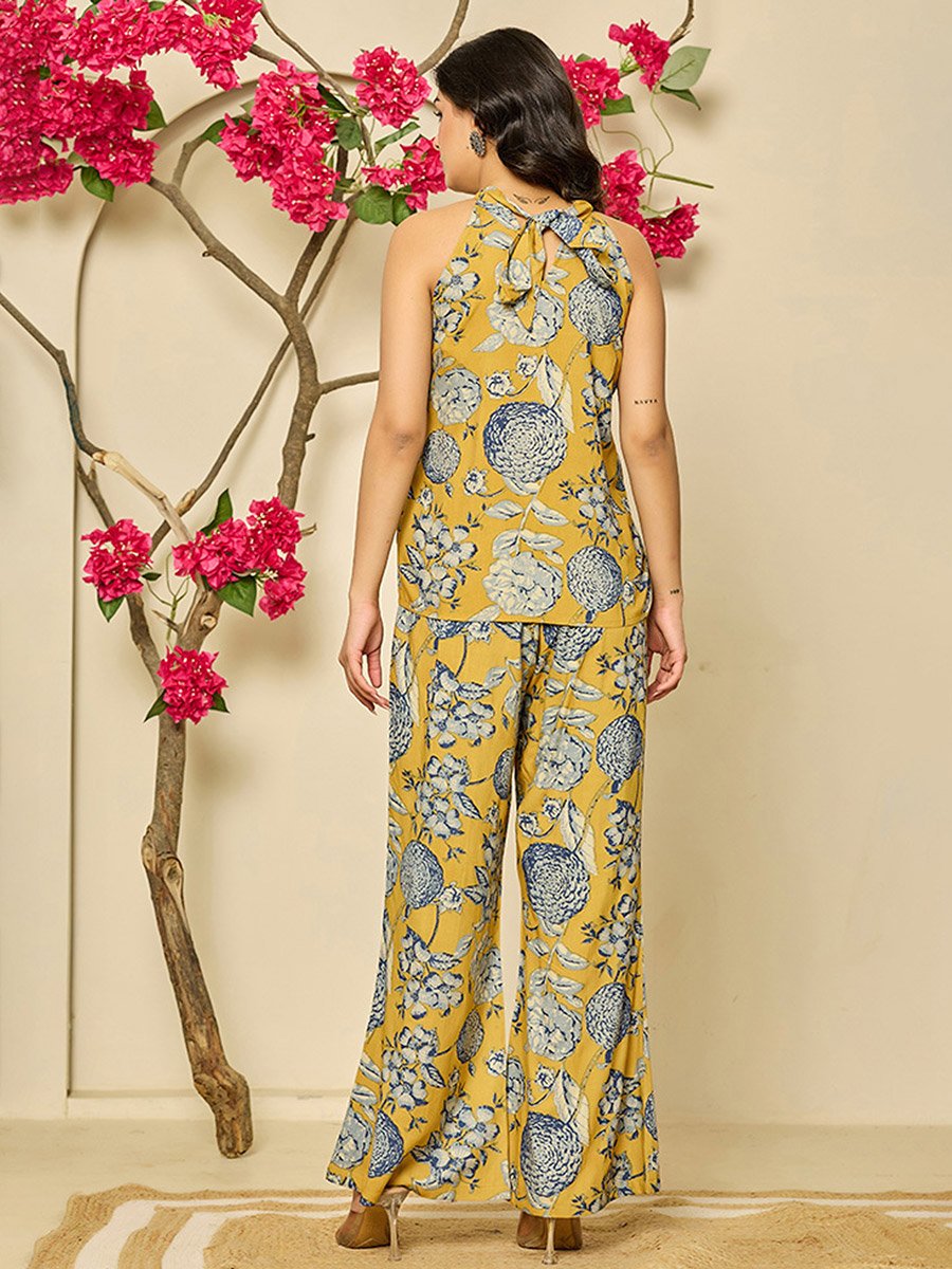 Women Yellow Viscose Printed Top and Pants Co-Ords