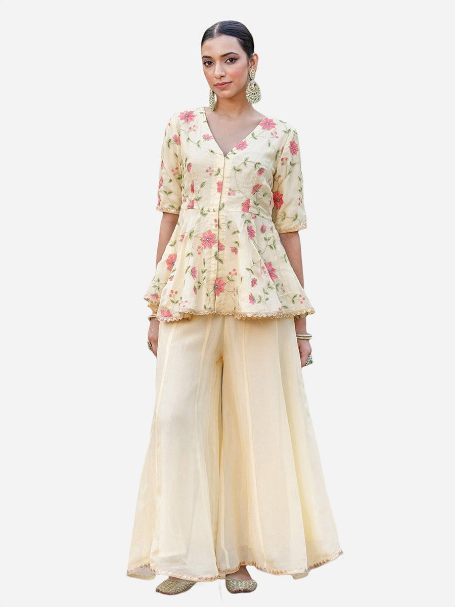 Off White Floral Print Organza Top and Pants Co-Ords