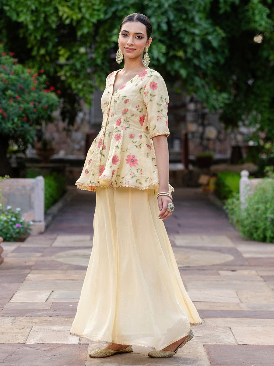 Off White Floral Print Organza Top and Pants Co-Ords