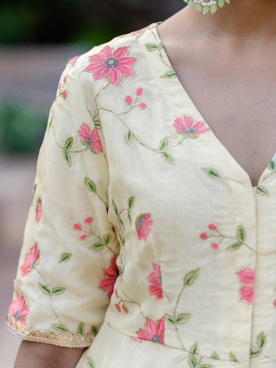 Off White Floral Print Organza Top and Pants Co-Ords