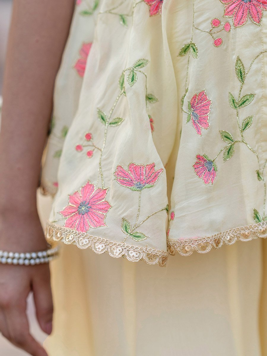 Off White Floral Print Organza Top and Pants Co-Ords