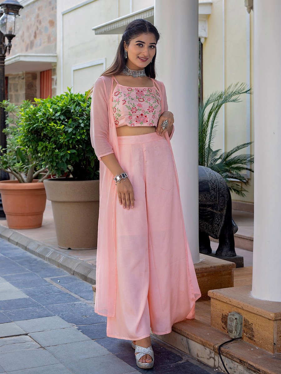 Set of 3 - Pink Floral Embroidered Crop Top, Pants and Shrug