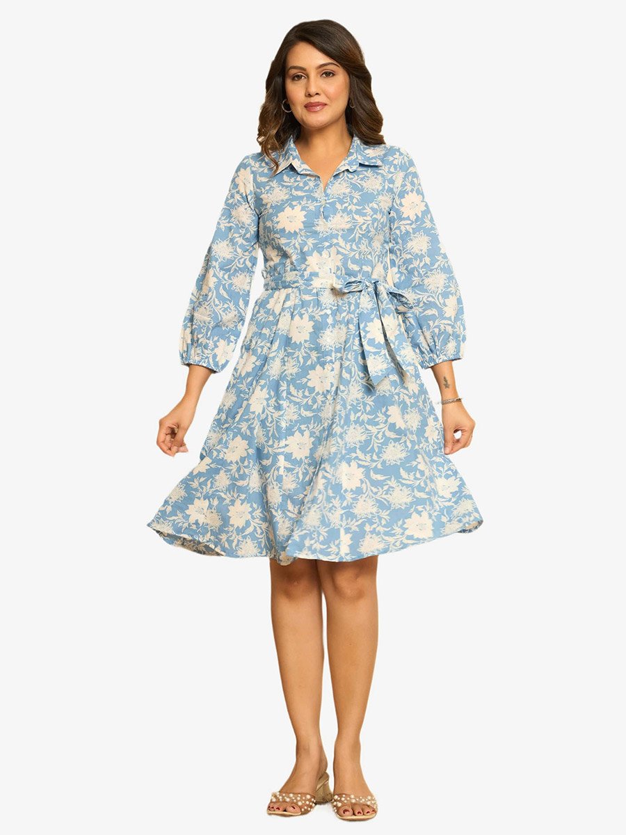 Women Blue Floral Print Cotton Mini Dress