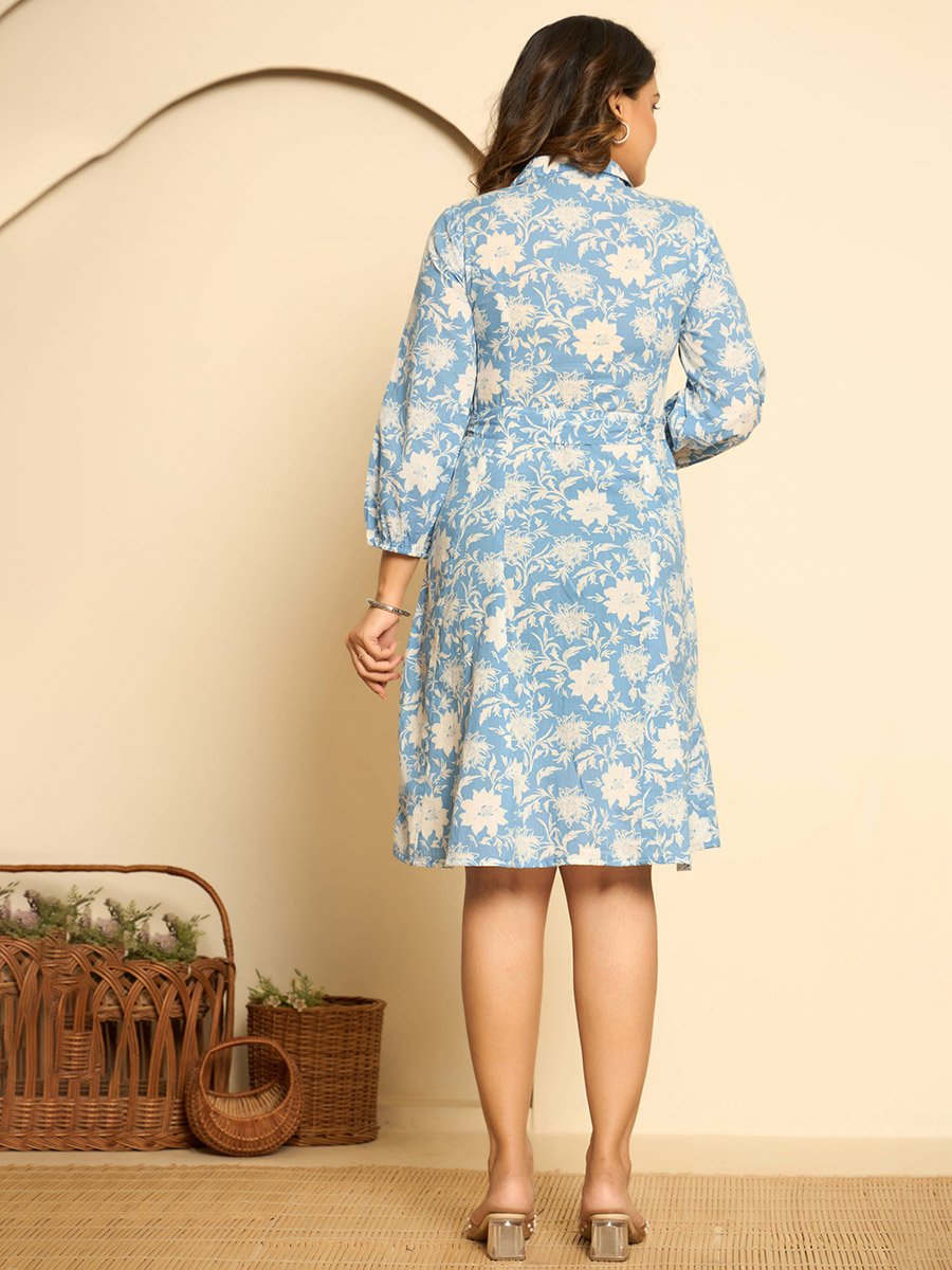 Women Blue Floral Print Cotton Mini Dress