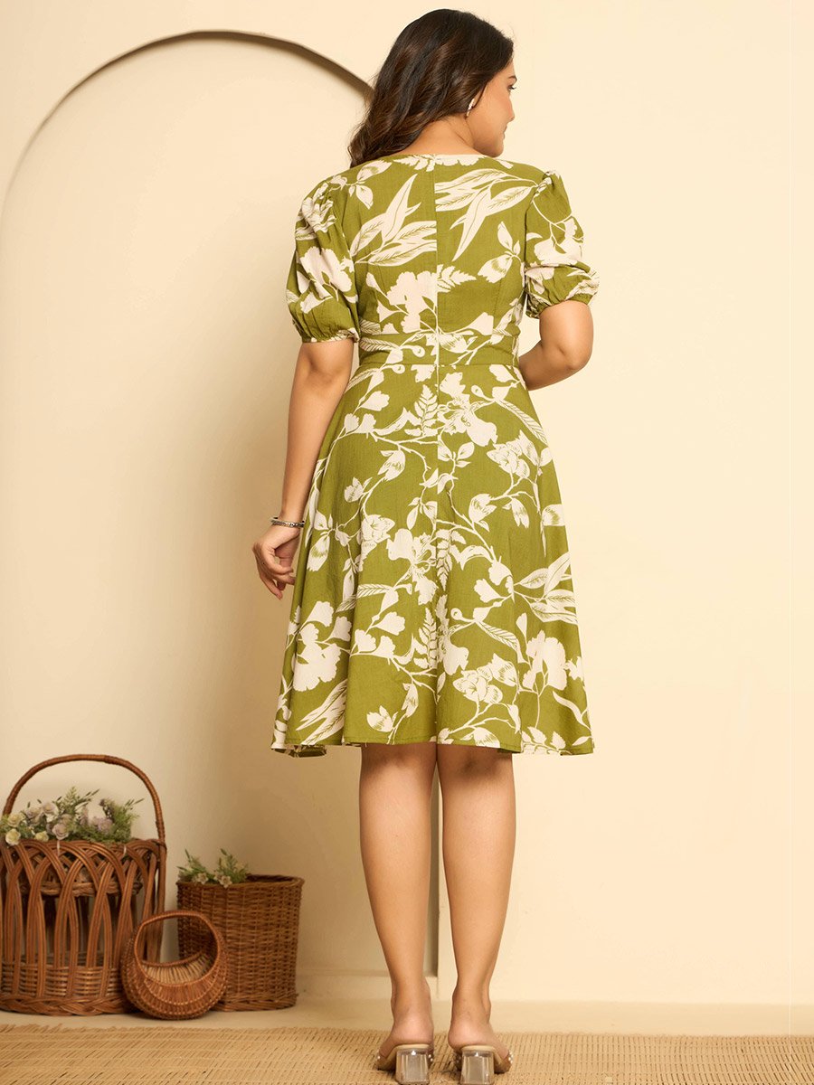 Women Green Cotton Printed Midi Dress