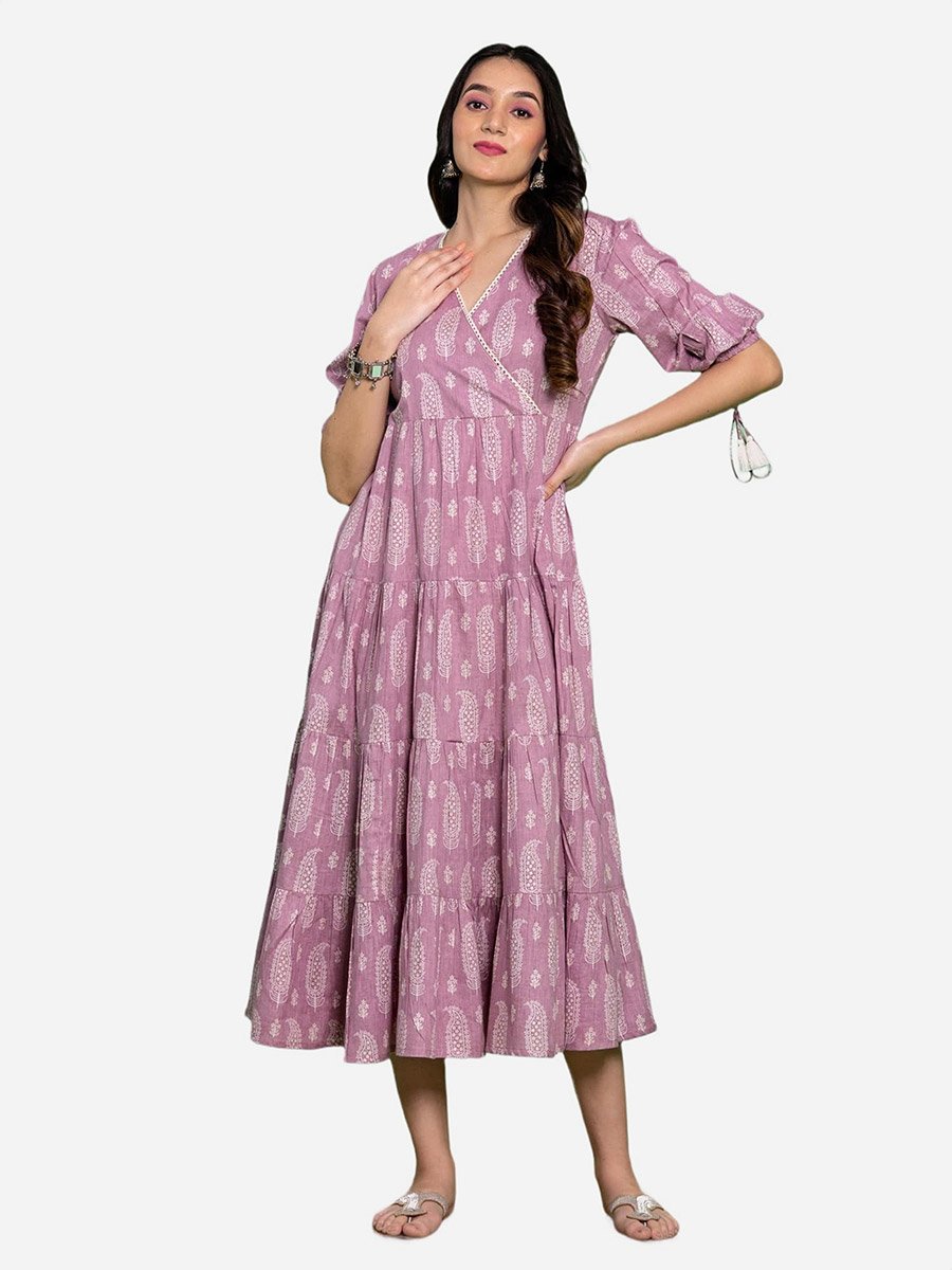 open lace back dress Lavender Floral Ruffle Sleeve Tiered Midi Dress  PinkBlush