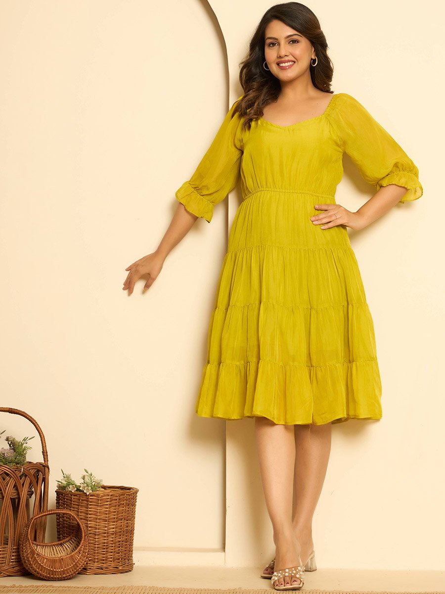 Women Mustard Yellow Tiered Knee-Length Dress