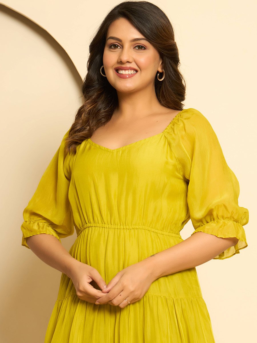 Women Mustard Yellow Tiered Knee-Length Dress