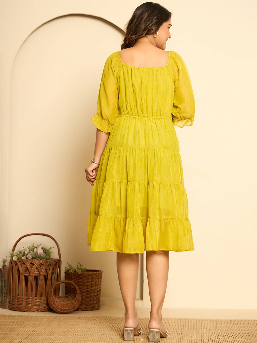 Women Mustard Yellow Tiered Knee-Length Dress