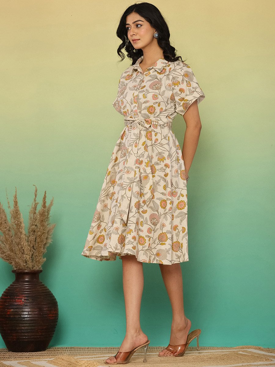 Women Floral Print Cotton Linen Knee-Length Dress