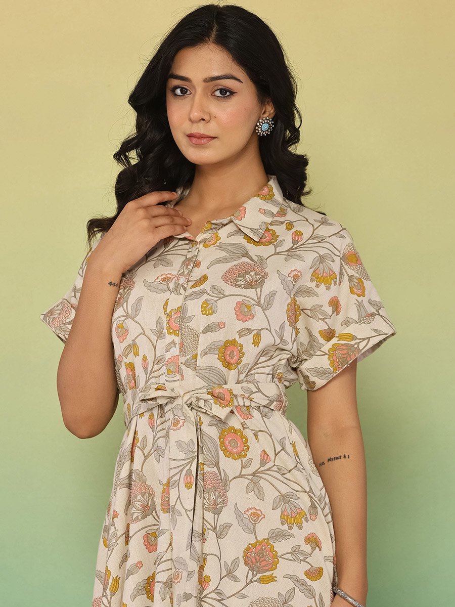 Women Floral Print Cotton Linen Knee-Length Dress