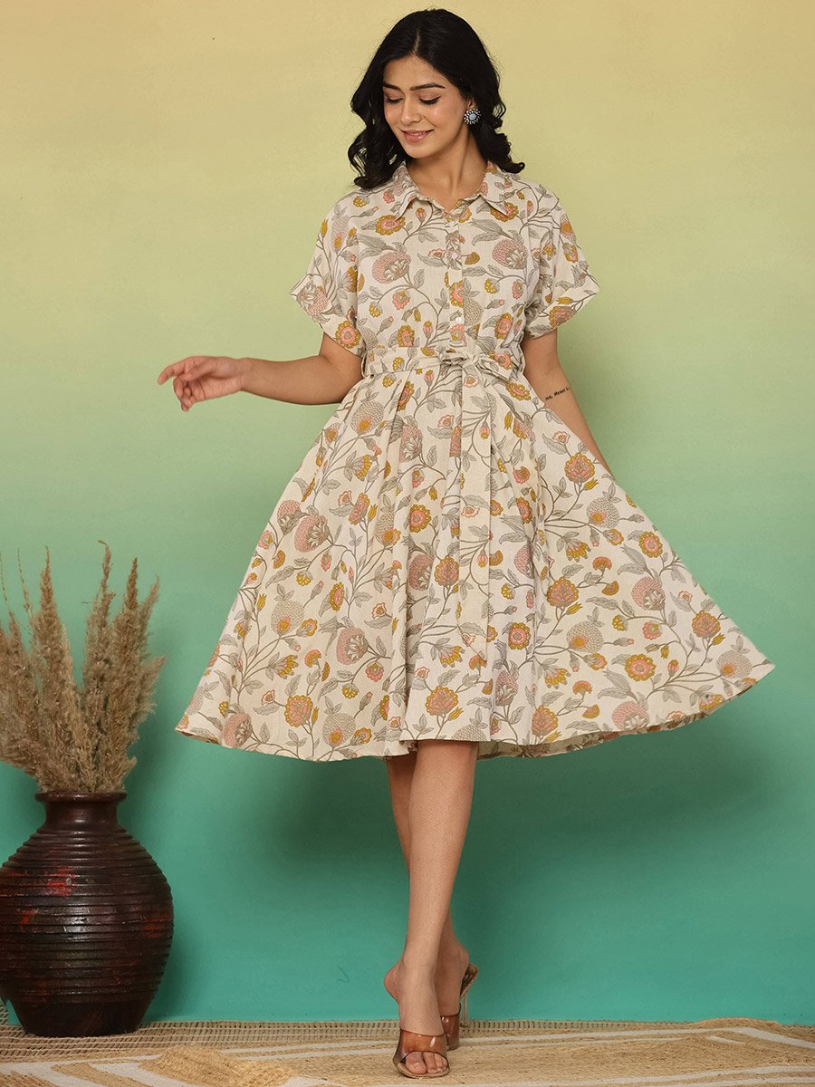 Women Floral Print Cotton Linen Knee-Length Dress