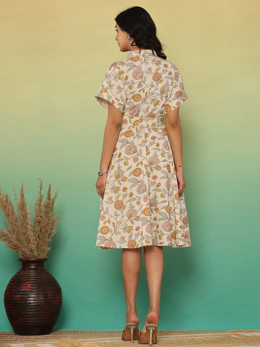 Women Floral Print Cotton Linen Knee-Length Dress