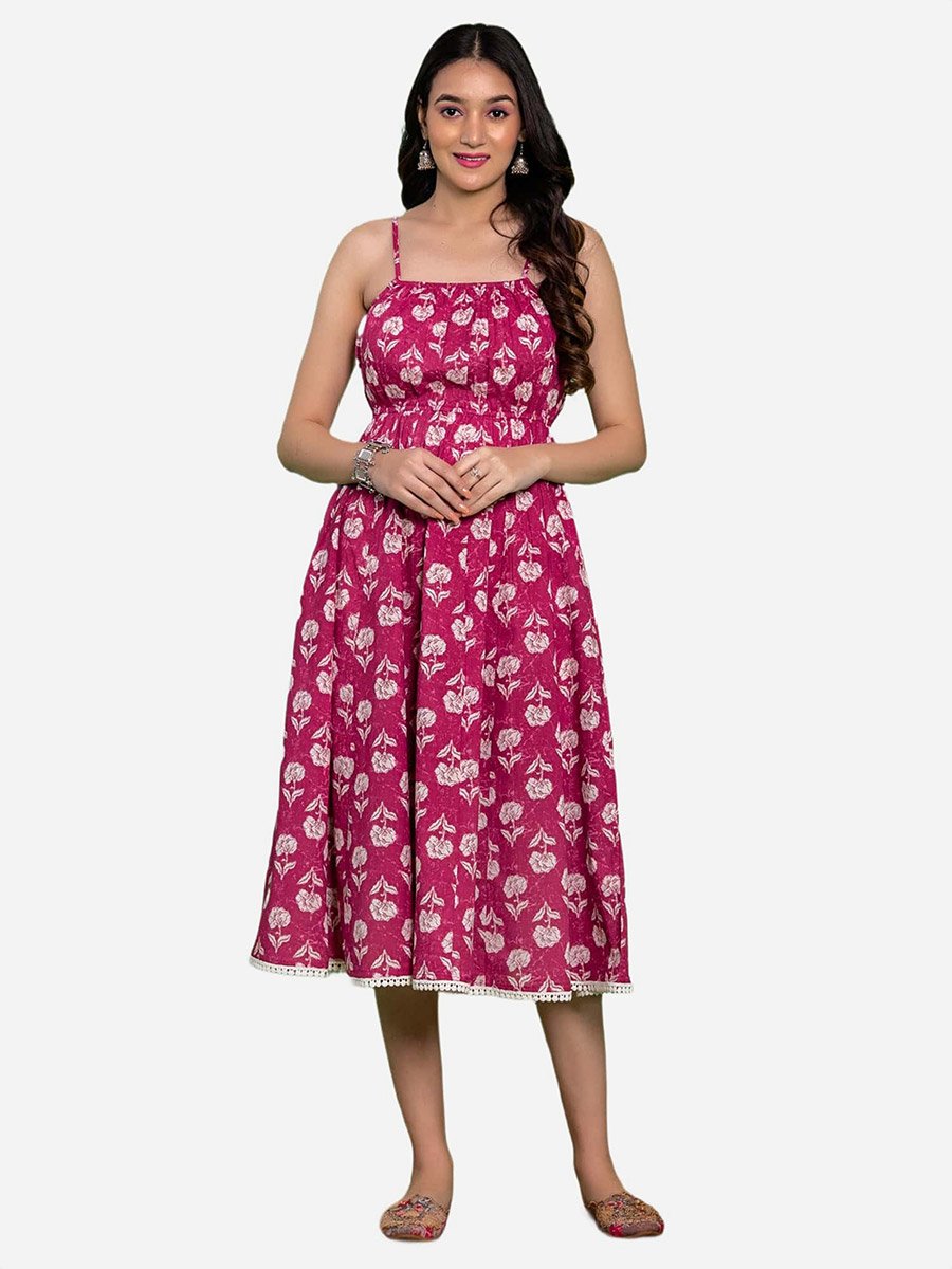 Pink Cotton Floral Printed Flared Midi Dress
