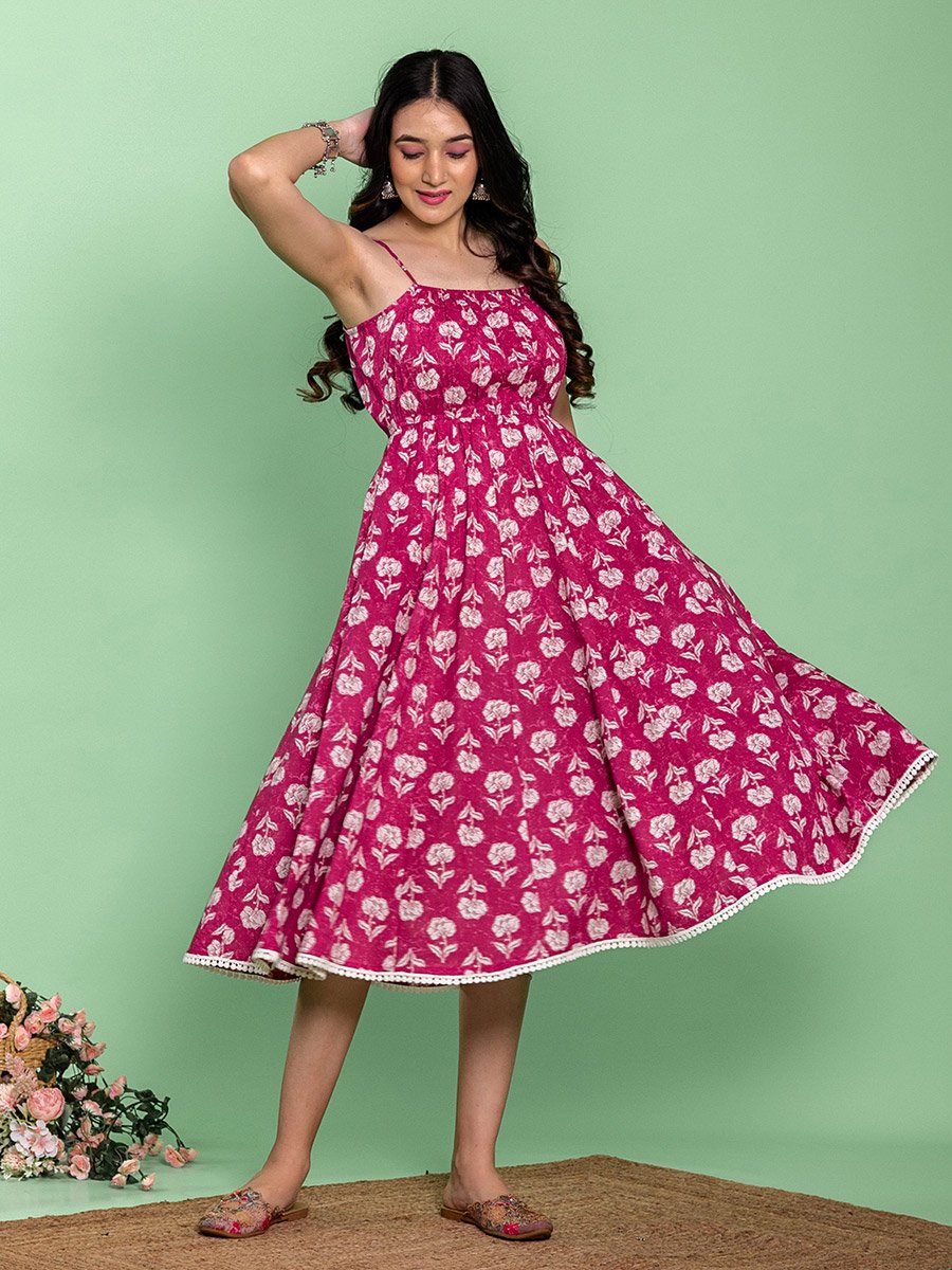 Pink Cotton Floral Printed Flared Midi Dress