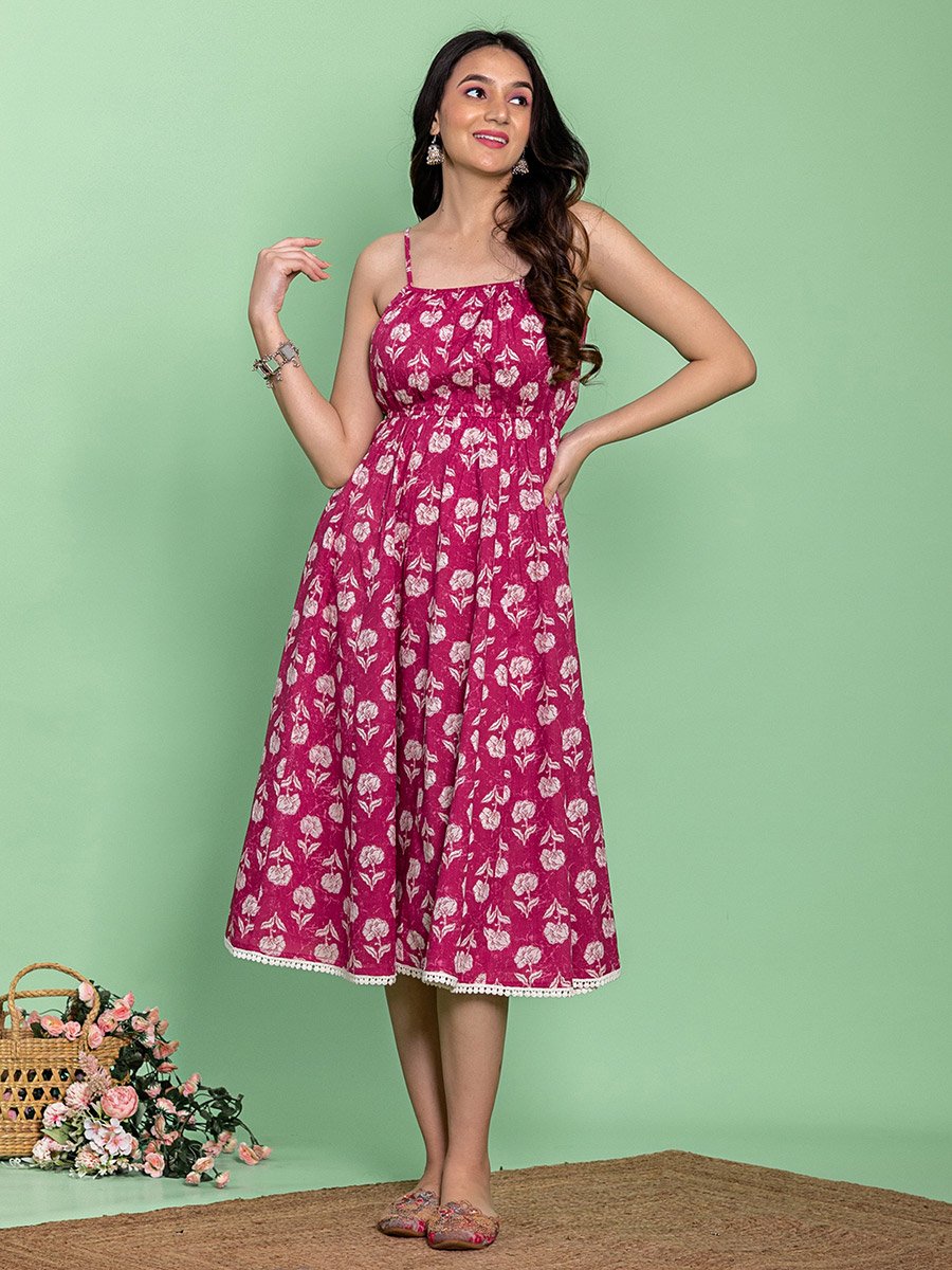 Pink Cotton Floral Printed Flared Midi Dress