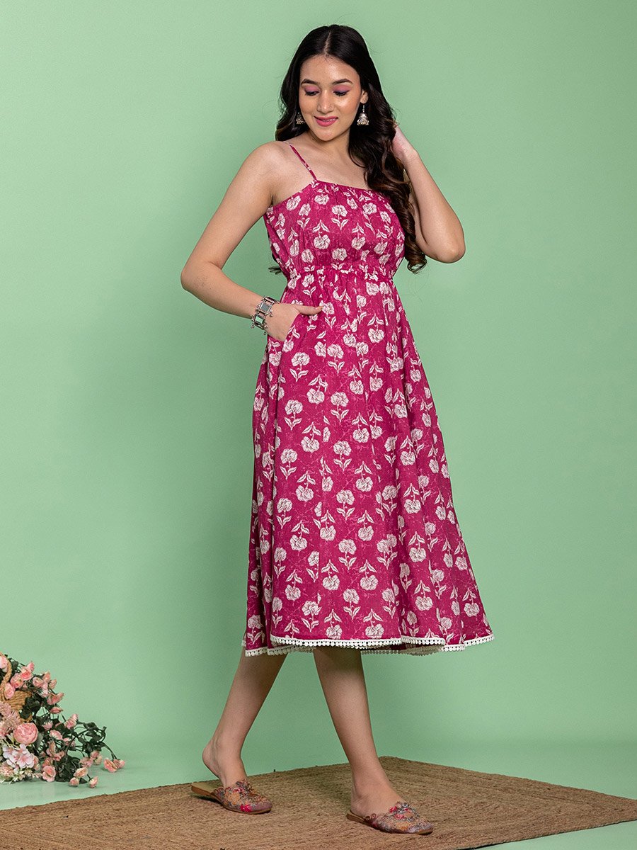 Pink Cotton Floral Printed Flared Midi Dress