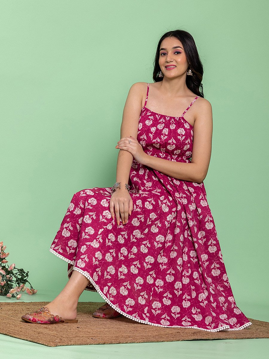 Pink Cotton Floral Printed Flared Midi Dress