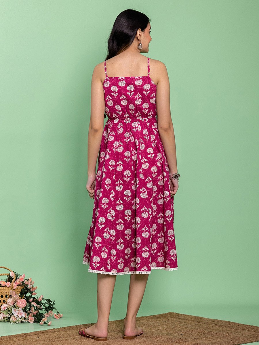 Pink Cotton Floral Printed Flared Midi Dress