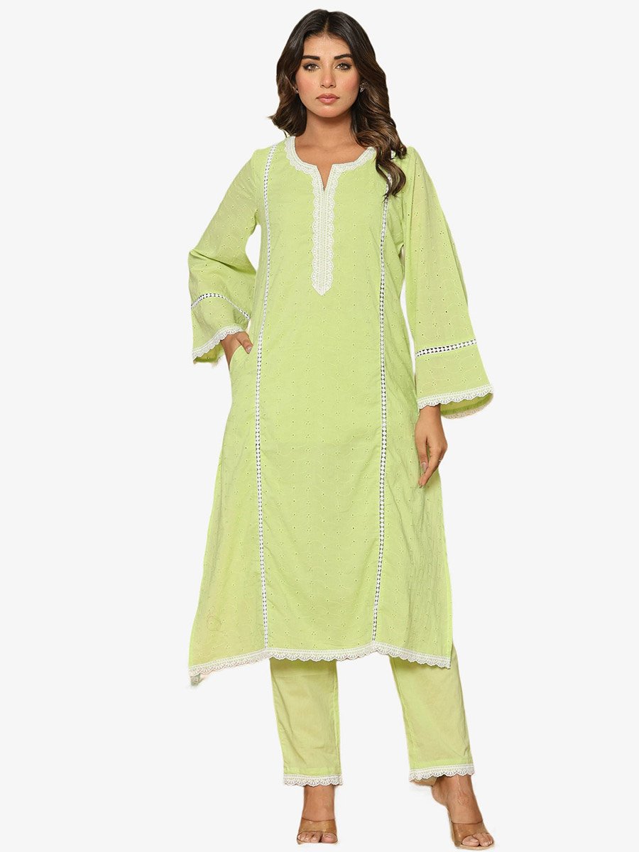 Green Cotton Embroidered Kurta with Pants Set