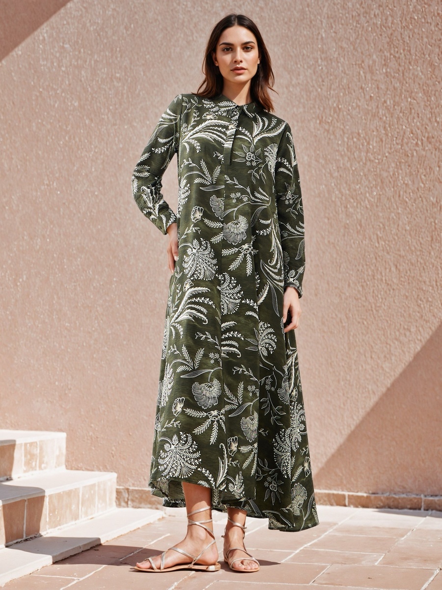 Printed Trapeze Maxi Dress with Collar For Default Category at Saudi | Styli