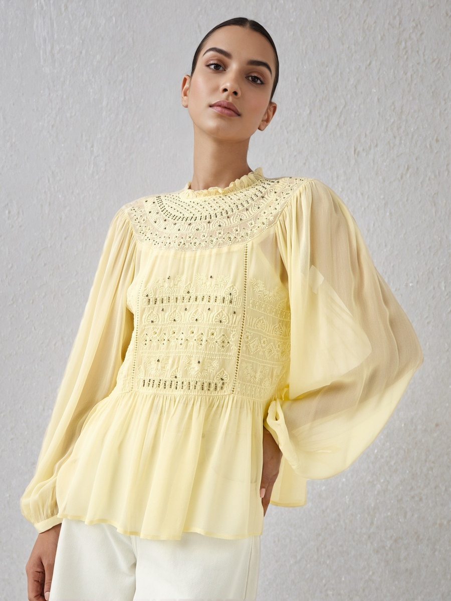 Embroidered Peplum Top with Piecrust Neck