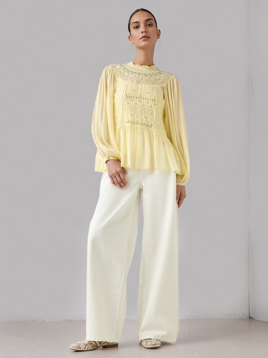 Embroidered Peplum Top with Piecrust Neck
