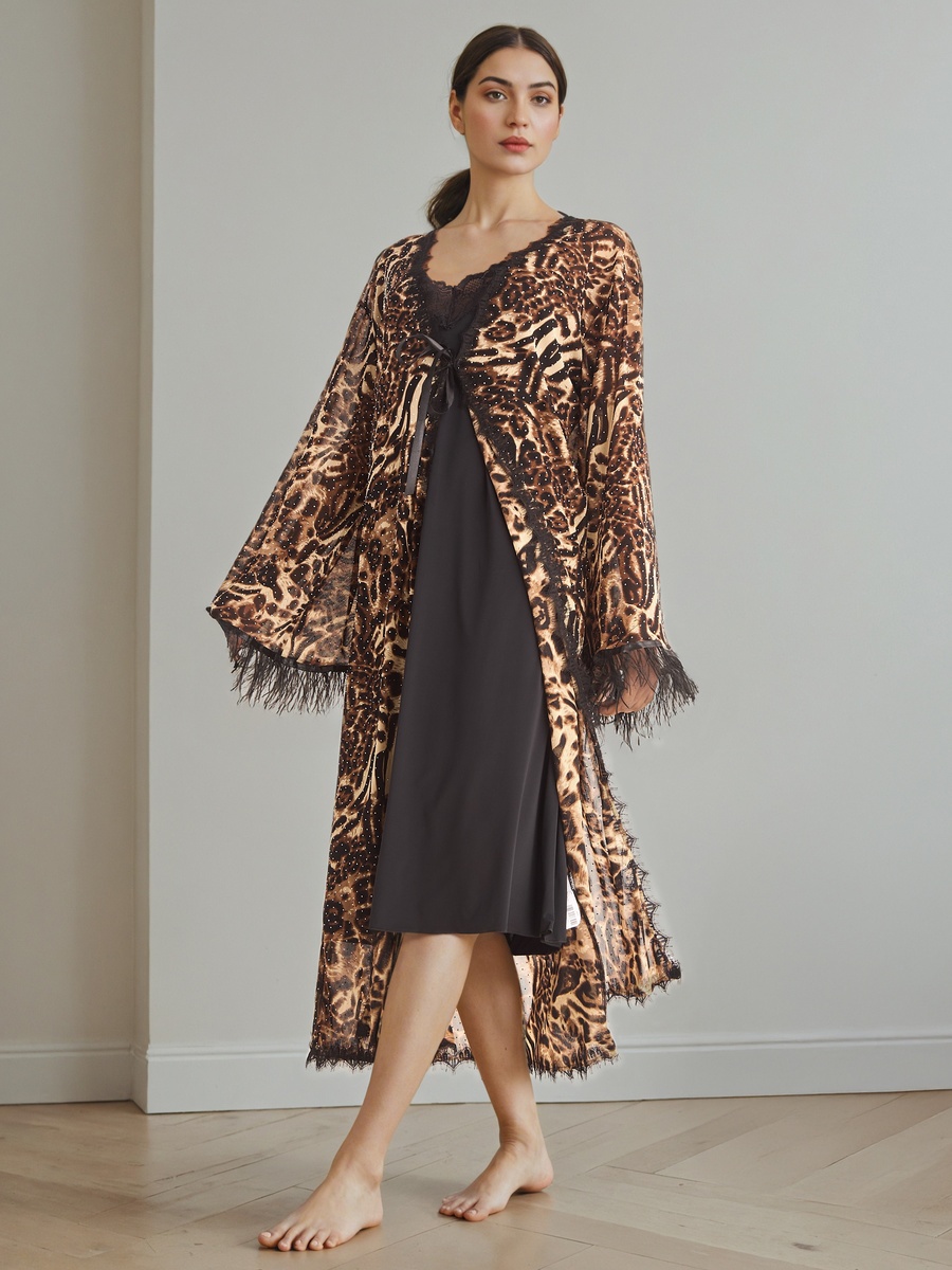 Lace Panel Night Gown with Robe and Thongs