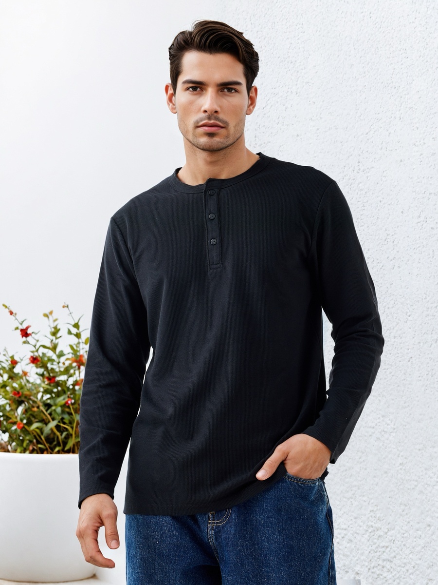 Ribbed Henley Neck T-Shirt