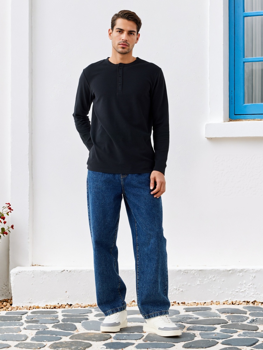Ribbed Henley Neck T-Shirt