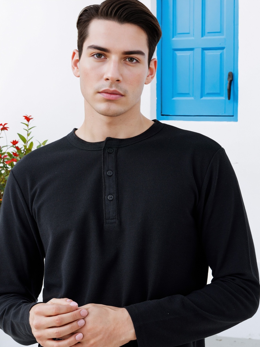 Ribbed Henley Neck T-Shirt