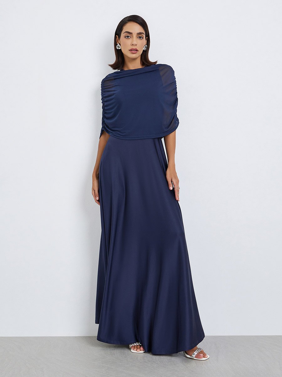 Women Cape Style Evening Maxi Dress