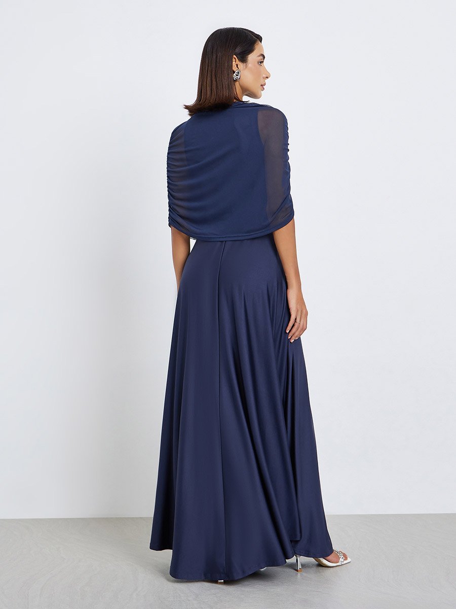 Women Cape Style Evening Maxi Dress