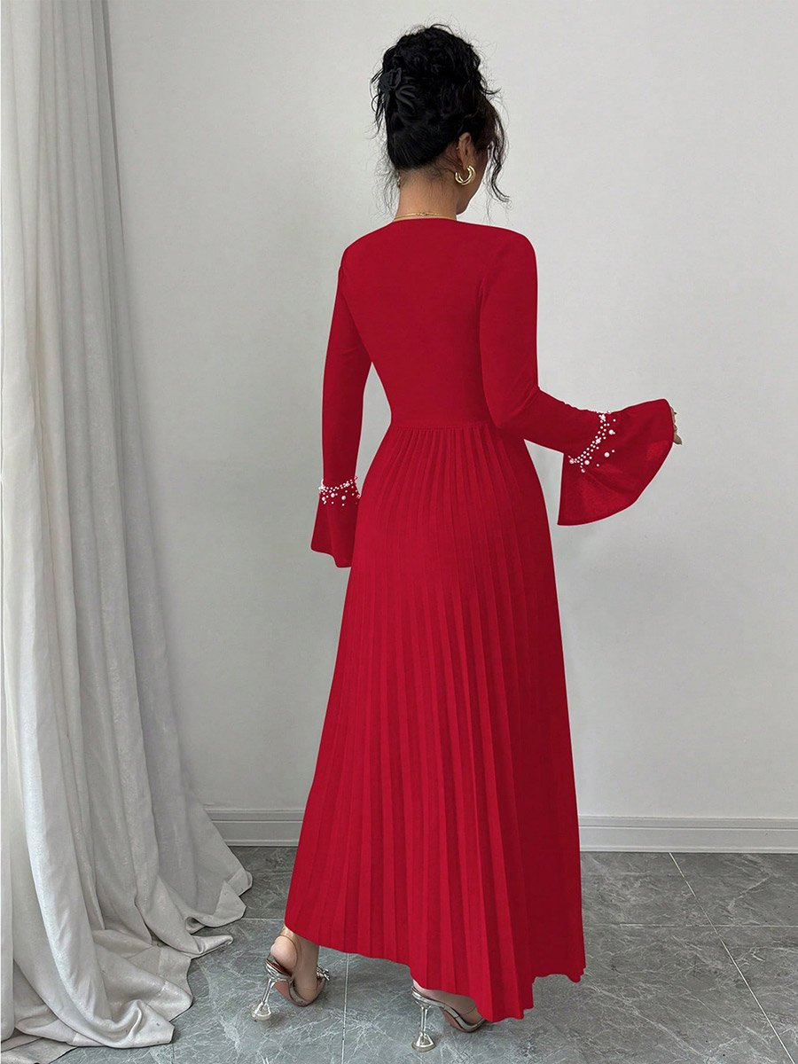 Women Faux Pearl Embellished Pleated Maxi Dress