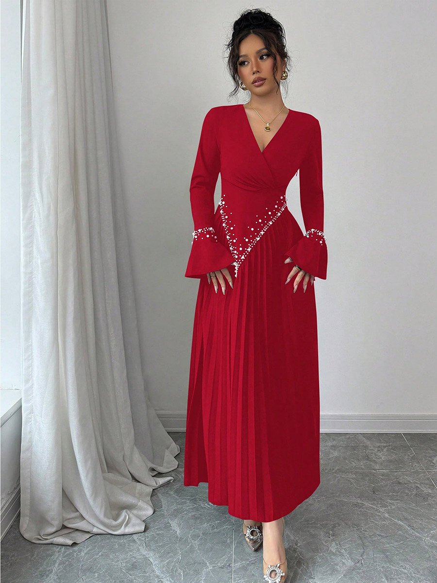 Women Faux Pearl Embellished Pleated Maxi Dress