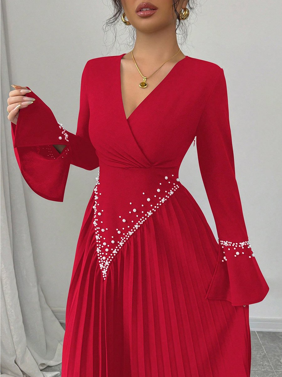 Women Faux Pearl Embellished Pleated Maxi Dress