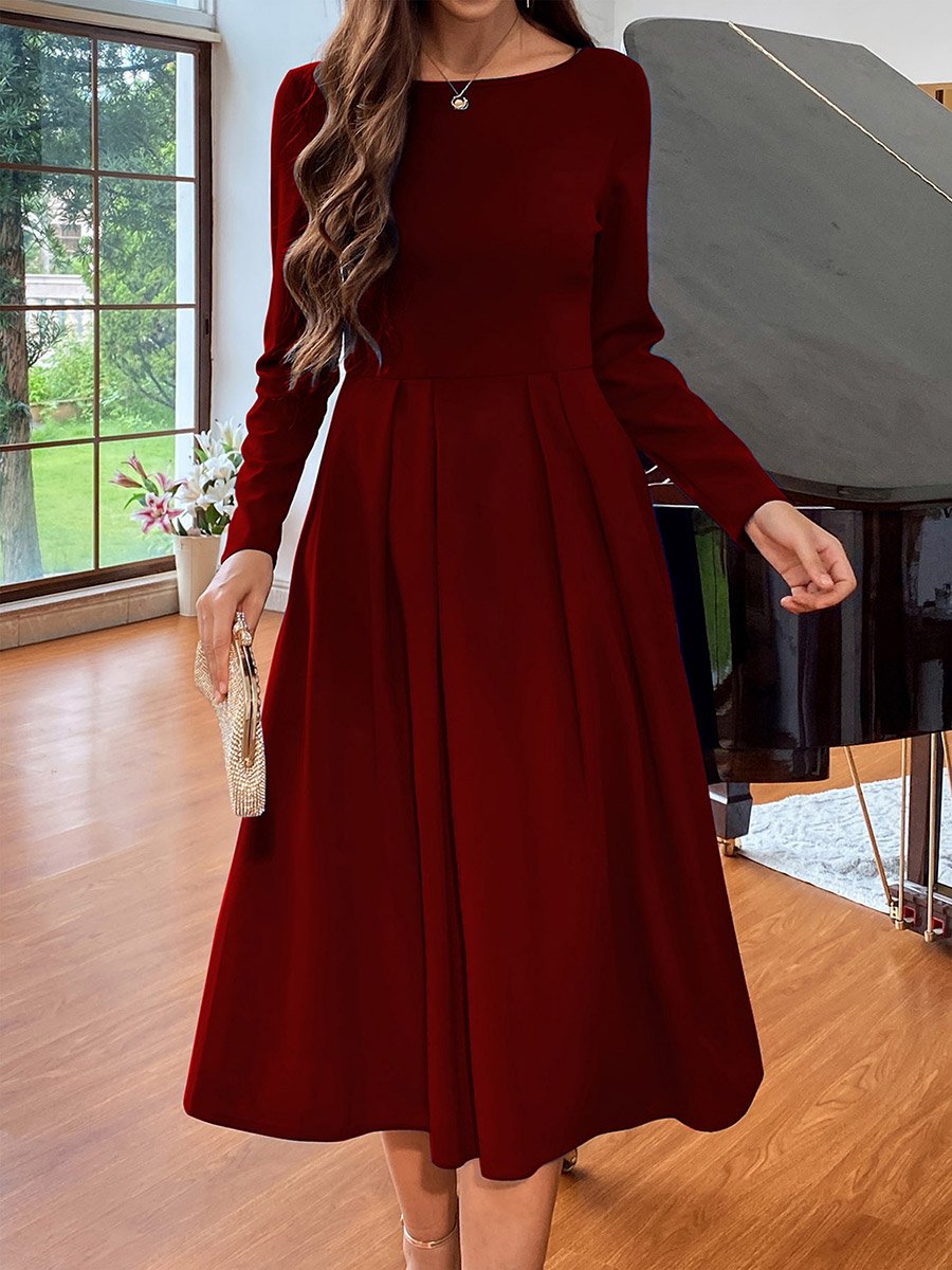 Women Round Neck Pleated Hem Dress