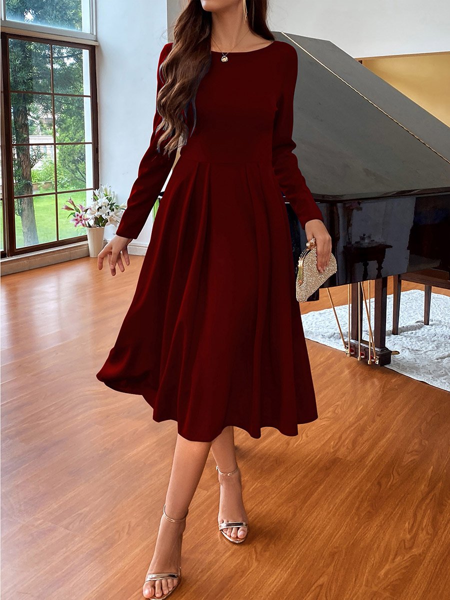 Women Round Neck Pleated Hem Dress