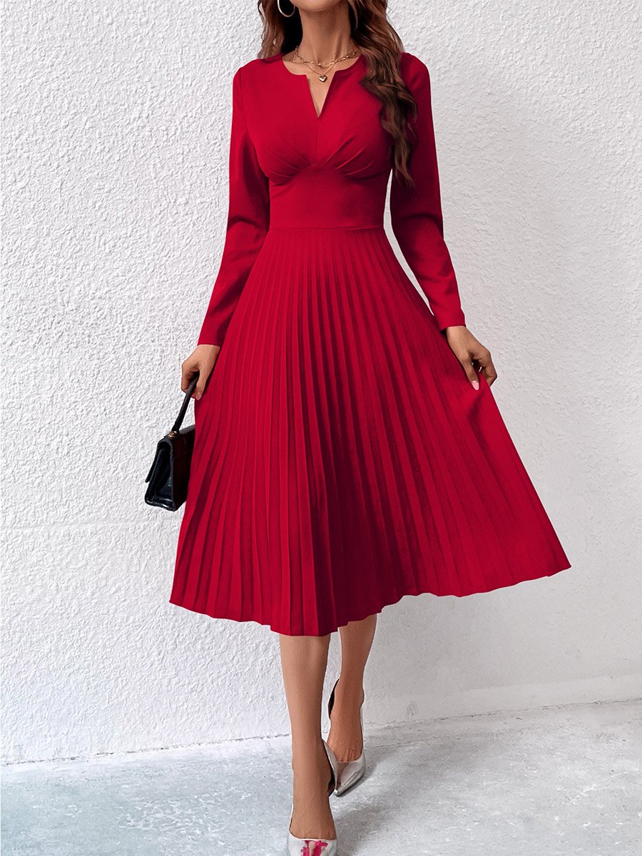 Women Long Sleeve Pleated Midi Dress