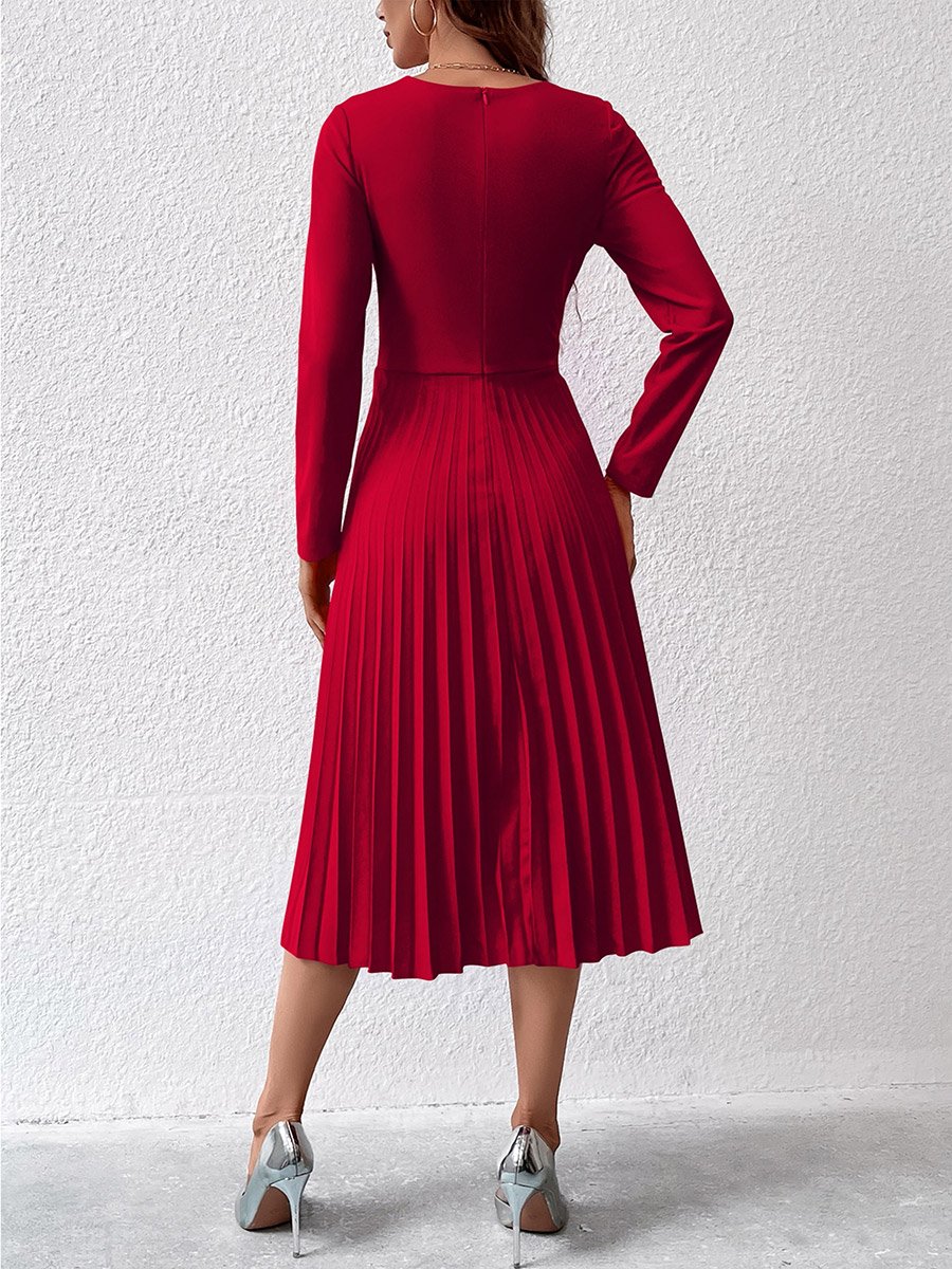 Women Long Sleeve Pleated Midi Dress