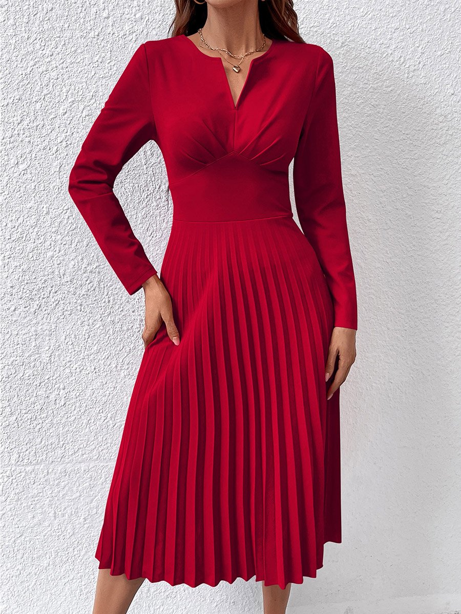 Women Long Sleeve Pleated Midi Dress