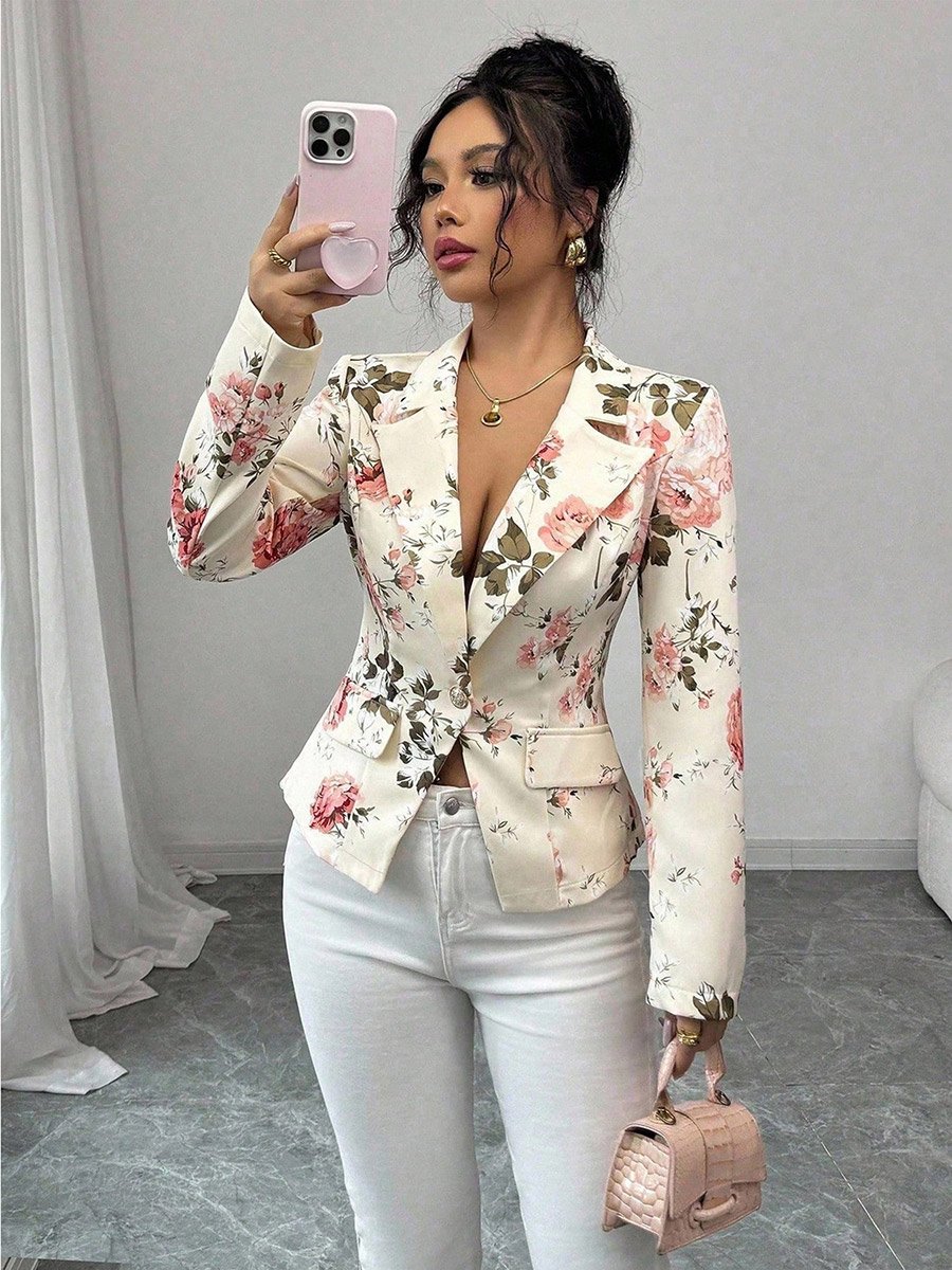 Women Floral Print Lapel Neck Fitted Blazer