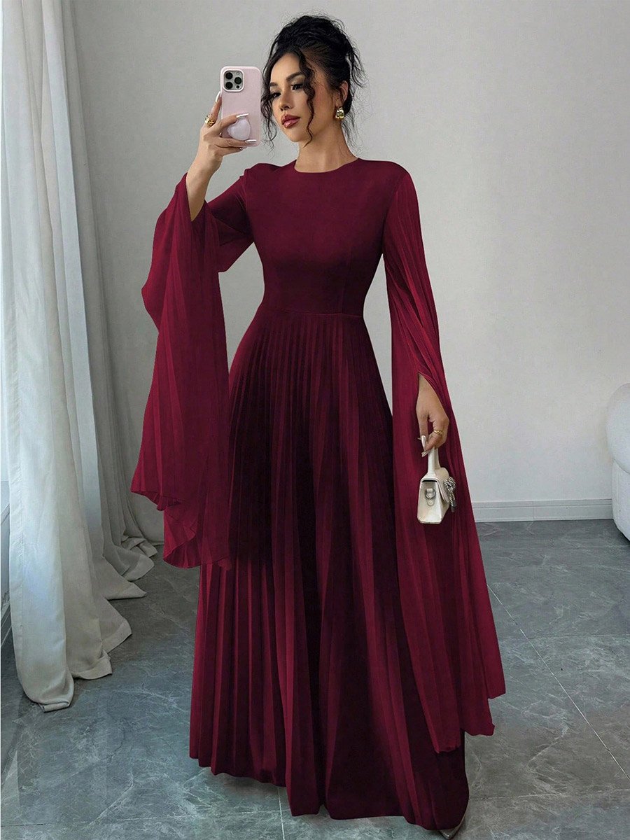 Women Burgundy Pleated Maxi Dress