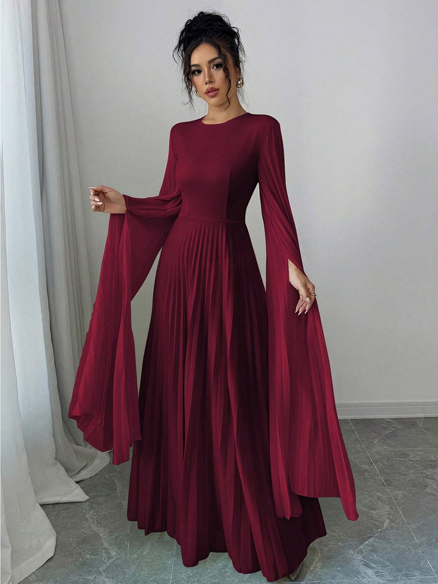 Women Burgundy Pleated Maxi Dress