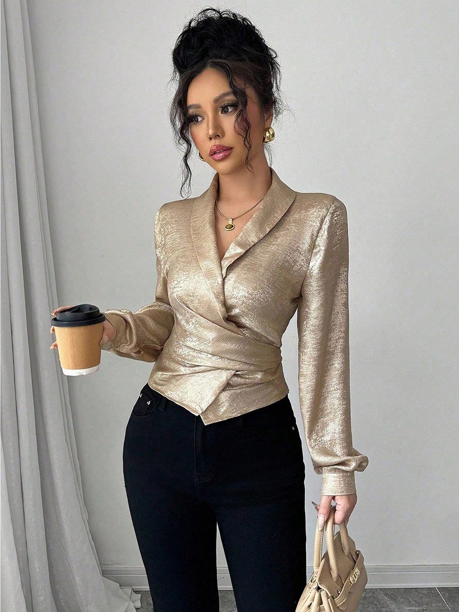 Women Solid V Neck Fitted Wrap Top