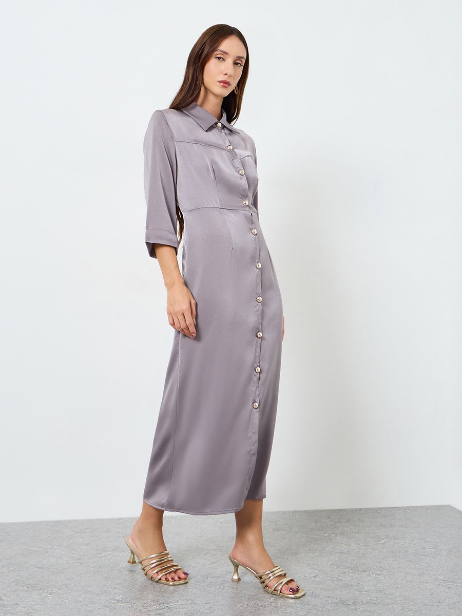 Women Grey Button Front Midi Shirt Dress