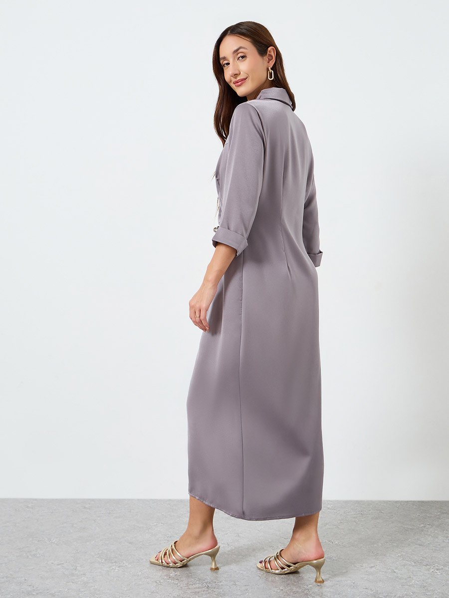 Women Grey Button Front Midi Shirt Dress
